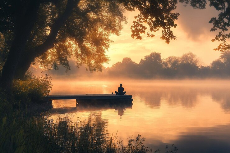 PSD silueta de una persona meditando en un muelle de madera al amanecer sobre un lago brumoso