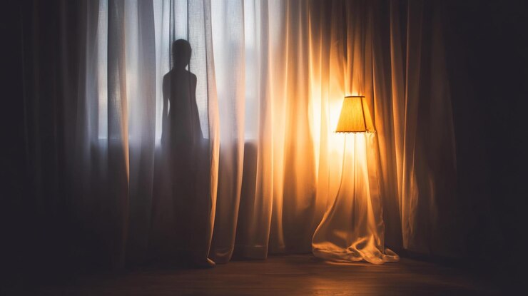 PSD silueta de una persona de pie detrás de cortinas transparentes por la noche iluminada por una lámpara