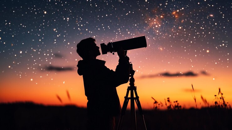 PSD silueta de una persona que usa un telescopio para ver el cielo nocturno durante la puesta del sol