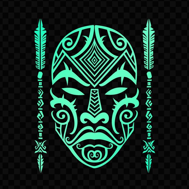 Una silueta verde y negra de una máscara tribal con un patrón tribal en el fondo negro