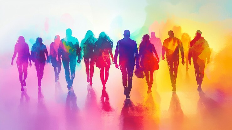 PSD siluetas coloridas de personas caminando juntas reflejadas en una superficie vibrante