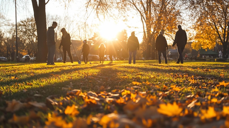 PSD siluetas de famílias desfrutando do pôr-do-sol de outono no parque