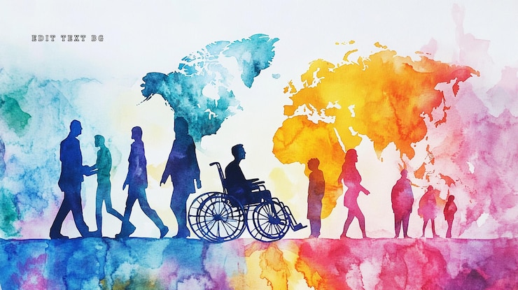 PSD siluette di persone diverse che camminano contro uno sfondo colorato di mappa del mondo in acquerello che simboleggia l'inclusione e la diversità globali