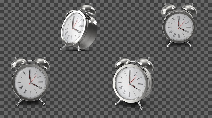 PSD silver alarm clock in different perspectives