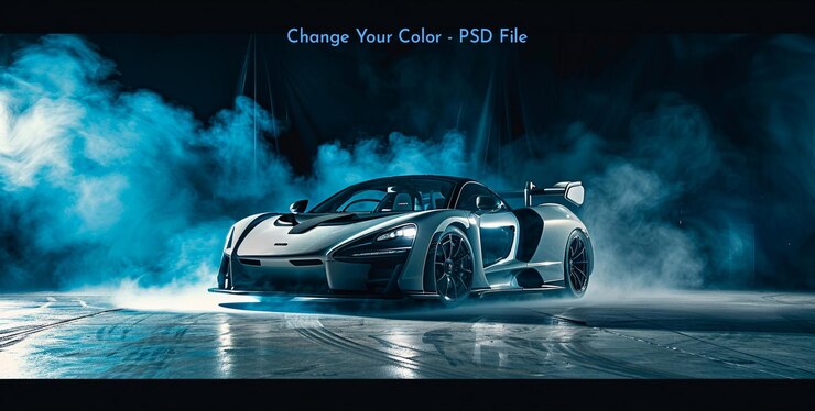 PSD silver and black mclaren senna car with blue smoke coming out from behind it dark background