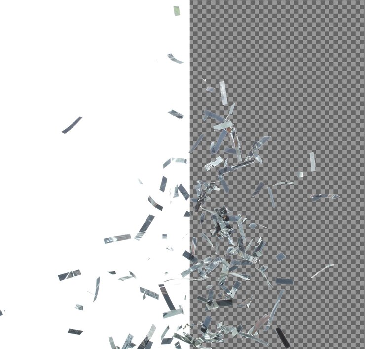 PSD silver confetti foil caída salpicando en el aire silver confetti foil explosión volando nube abstracta volar muchos brillos de la fiesta dispersión en muchos grupos fondo blanco aislado movimiento de congelación del obturador de alta velocidad