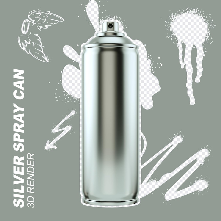 PSD silver spray can front view 3d render