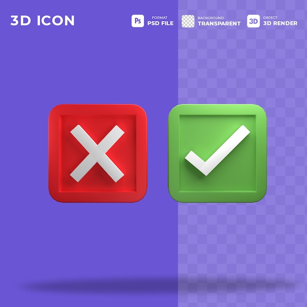 PSD sim e não, certo e errado, aprovado e recusado, conceito no símbolo de sinal de ícone 3d