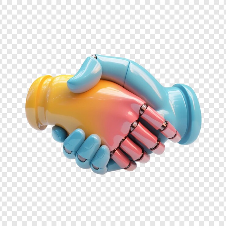 PSD simbiosis futurista de apretón de manos de la inteligencia humana y artificial