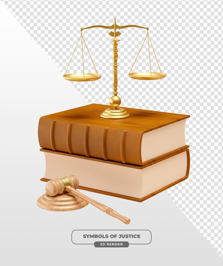 PSD simboli di giustizia scale d'oro libri e martello in rendering 3d