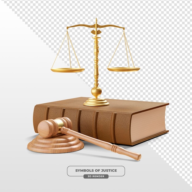 Simboli di giustizia Scale Gavello e libro di legge In 3D render con sfondo trasparente