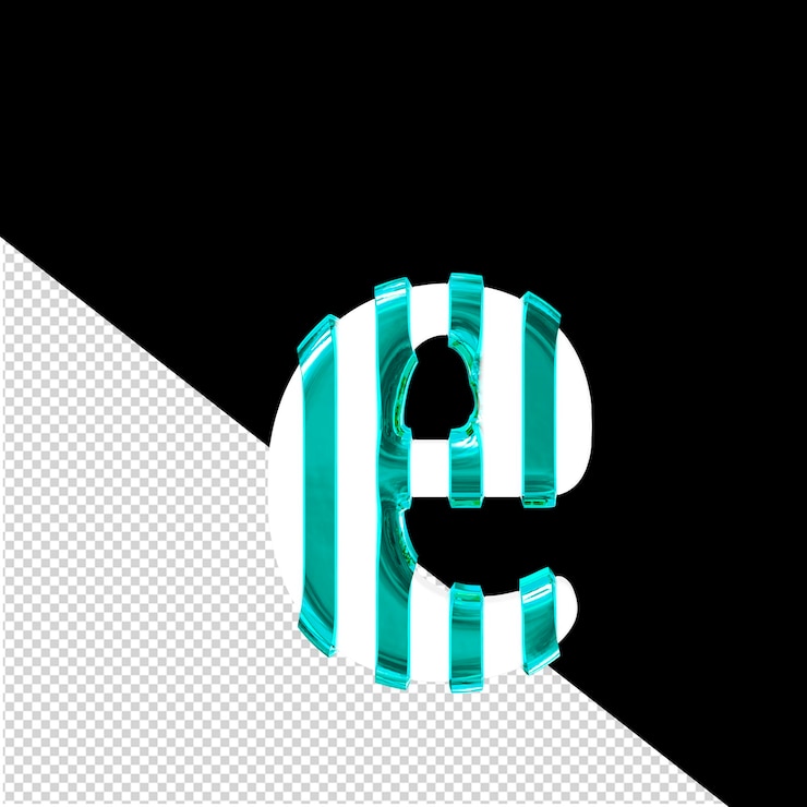PSD símbolo 3d blanco con tiras verticales finas de color turquesa letra e