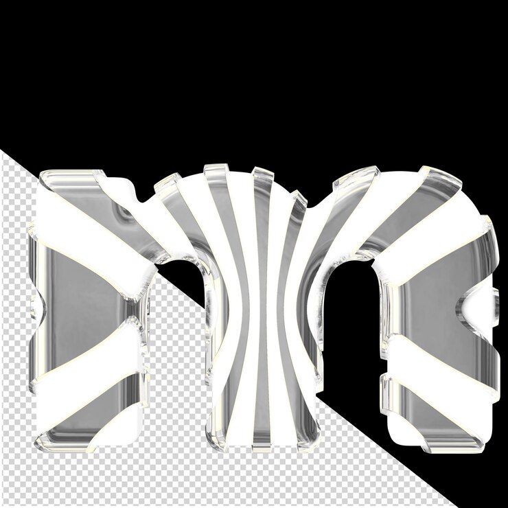PSD símbolo 3d branco com tiras verticais finas prateadas letra m