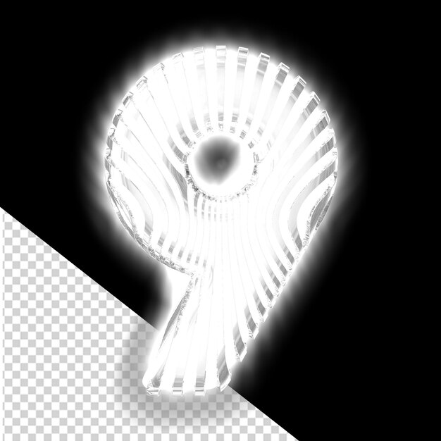 PSD símbolo 3d branco com tiras verticais luminosas prateadas ultra finas número 9