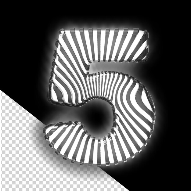 Símbolo 3D branco com tiras verticais luminosas pretas ultra finas número 5