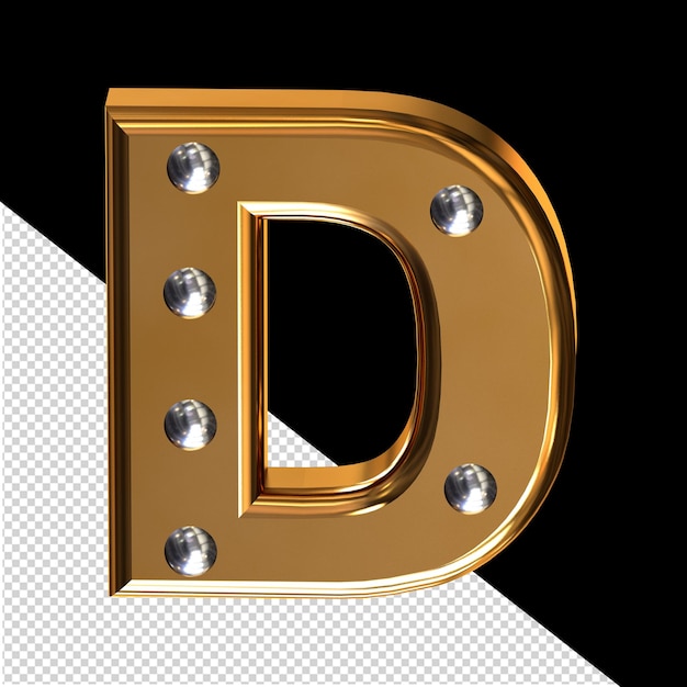 Símbolo 3d de ouro com rebites de metal letra d