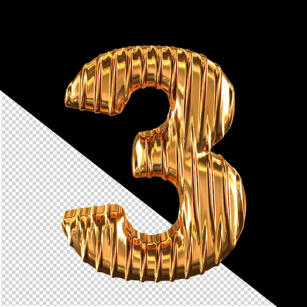 Símbolo 3d dorado con nervaduras verticales número 3