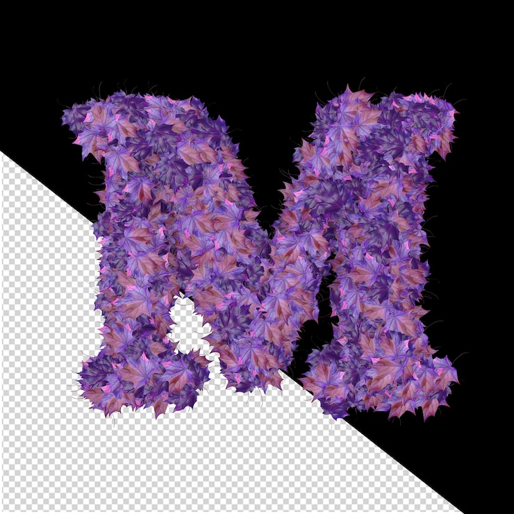 PSD símbolo 3d de otoño hojas moradas letra m