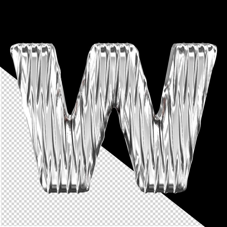 PSD símbolo 3d plateado con costillas verticales letra w