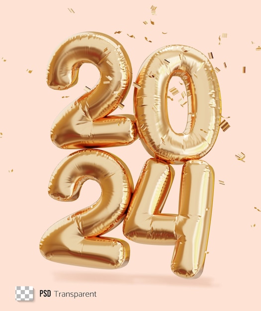 Símbolo de año nuevo Montón de globos de aluminio 2024 signo 3d ilustración de representación