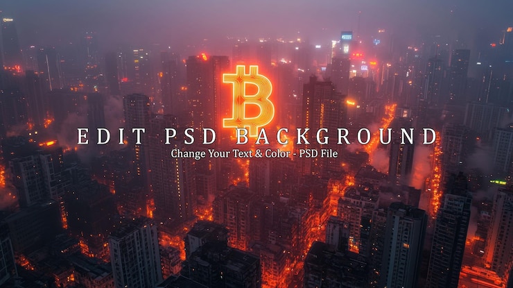 PSD el símbolo de bitcoin ilumina el paisaje urbano