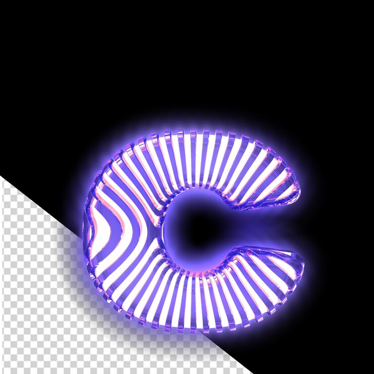 PSD símbolo blanco en 3d con correas verticales luminosas púrpuras ultra delgadas letra c