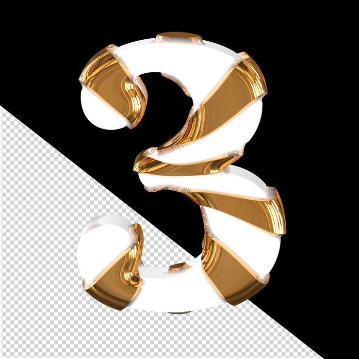 PSD símbolo blanco en 3d con tiras doradas gruesas número 3