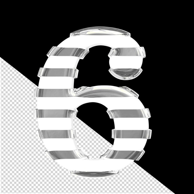 PSD símbolo blanco en 3d con tiras horizontales plateadas delgadas número 6