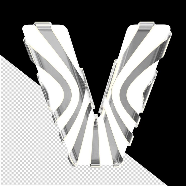 PSD símbolo blanco 3d con tiras verticales finas de plata letra v