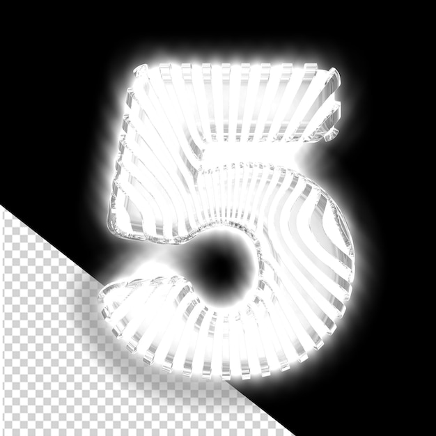 Símbolo blanco en 3D con tiras verticales luminosas plateadas ultra delgadas número 5