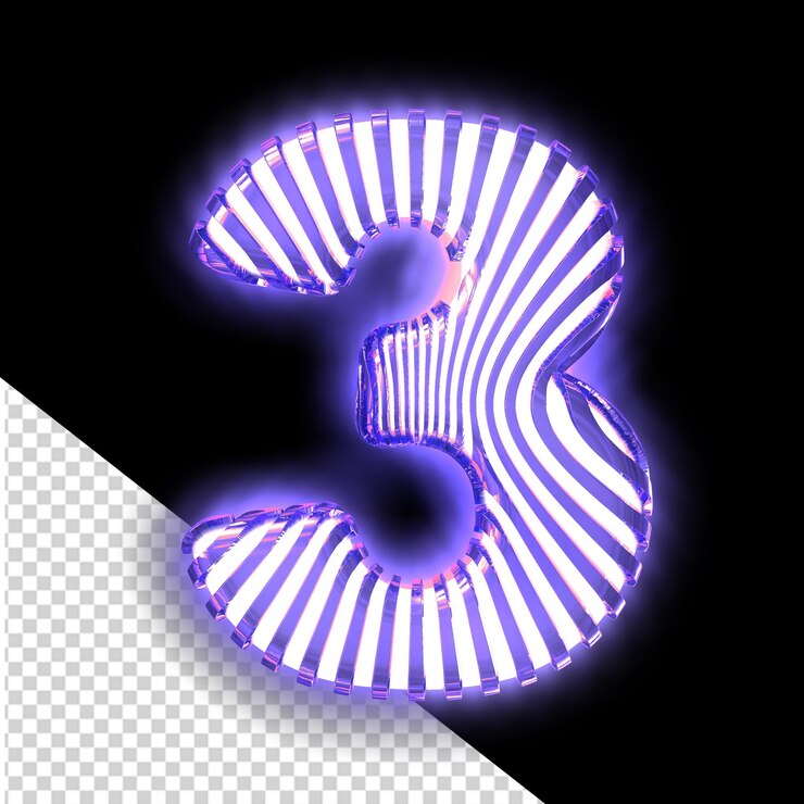 PSD símbolo blanco en 3d con tiras verticales luminosas púrpuras ultra delgadas número 3