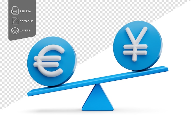 PSD el símbolo blanco del euro y el yen en íconos azules redondeados con balanza de peso seesaw ilustración 3d
