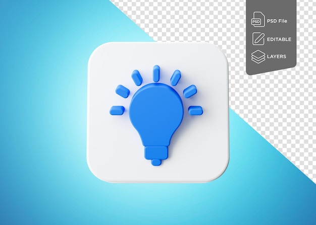 Símbolo de bombilla azul brillante con icono cuadrado blanco redondeado Idea de concepto creativo Ilustración 3D