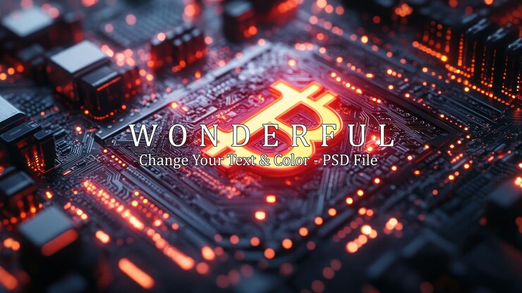 PSD un símbolo brillante de bitcoin en una placa de circuito que representa la moneda digital y su tecnología