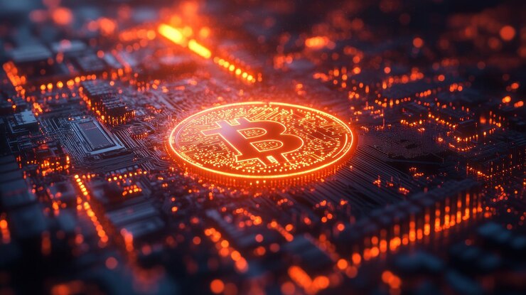 PSD un símbolo brillante de bitcoin en una placa de circuito que representa la moneda digital