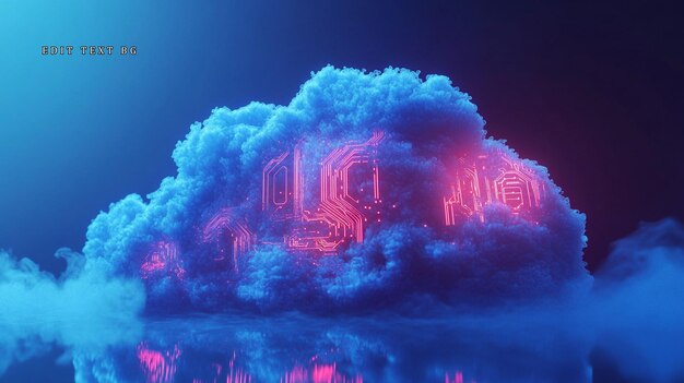Símbolo de centro de datos de computación de nube de neón brillante dentro de una nube esponjosa