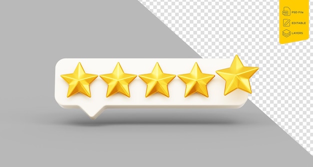Símbolo de cinco estrellas de calificación doradas brillantes 3d con icono de chat blanco 3d sobre fondo blanco Ilustración 3d