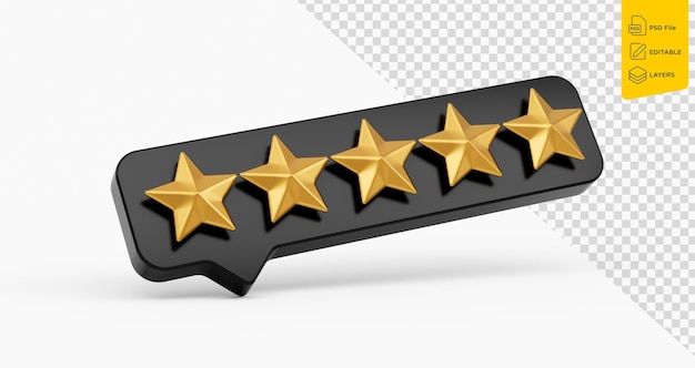 Símbolo de cinco estrellas de calificación doradas brillantes 3d con icono de chat negro 3d sobre fondo blanco Ilustración 3d