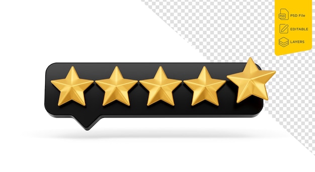 Símbolo de cinco estrellas de calificación doradas brillantes 3d con icono de chat negro 3d sobre fondo blanco Ilustración 3d
