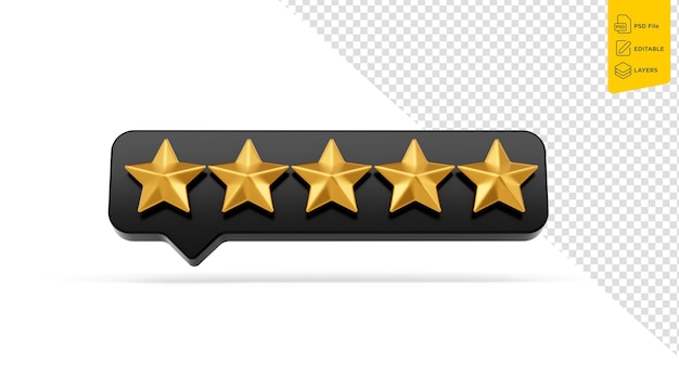 Símbolo de cinco estrellas de calificación doradas brillantes 3d con icono de chat negro 3d sobre fondo blanco Ilustración 3d