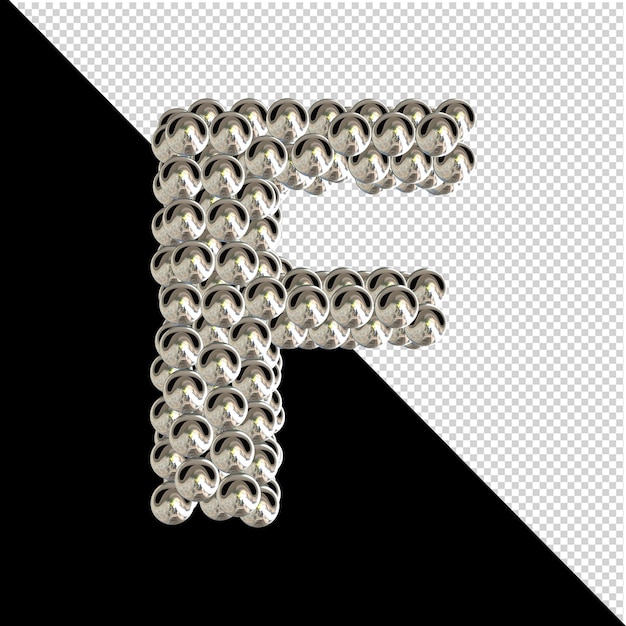 Símbolo de la colección de letras 3d de esferas plateadas sobre fondo transparente. 3d letra f