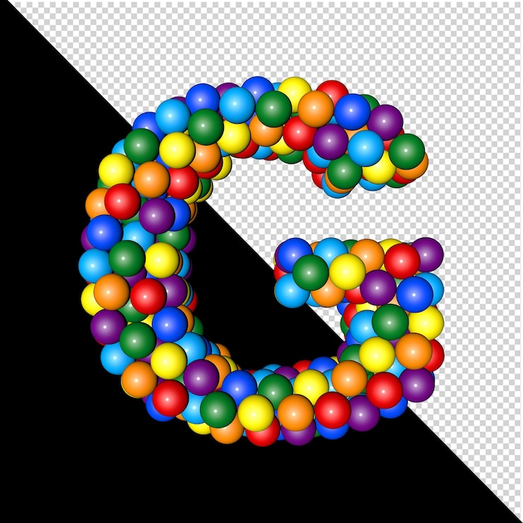 PSD símbolo de la colección de letras formada por bolas de colores del arco iris sobre un fondo transparente. 3d letra mayúscula g