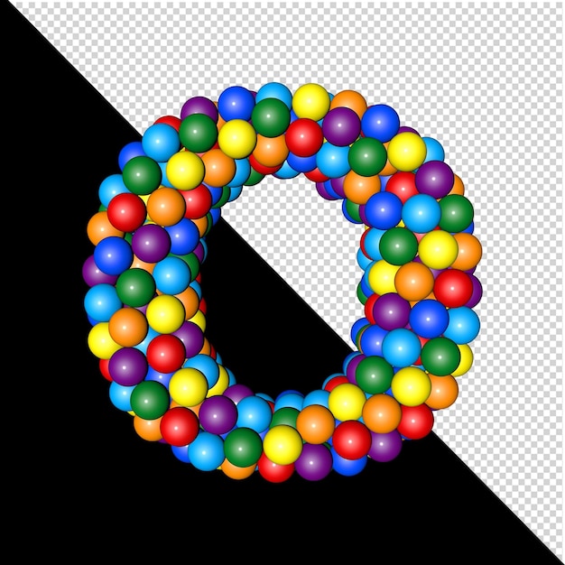 Símbolo de la colección de letras formada por bolas de colores del arco iris sobre un fondo transparente. 3d letra mayúscula o