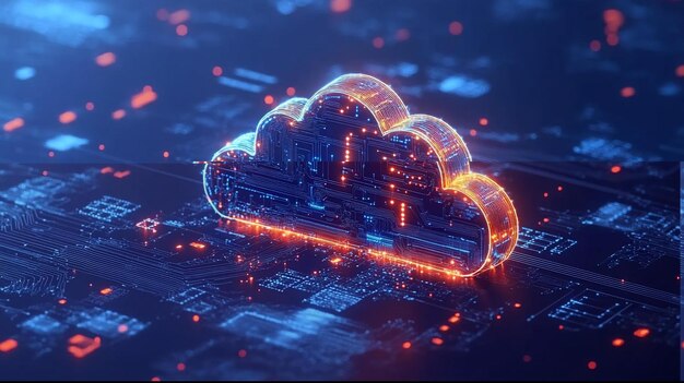 Símbolo de computación en nube brillante en una placa de circuitos