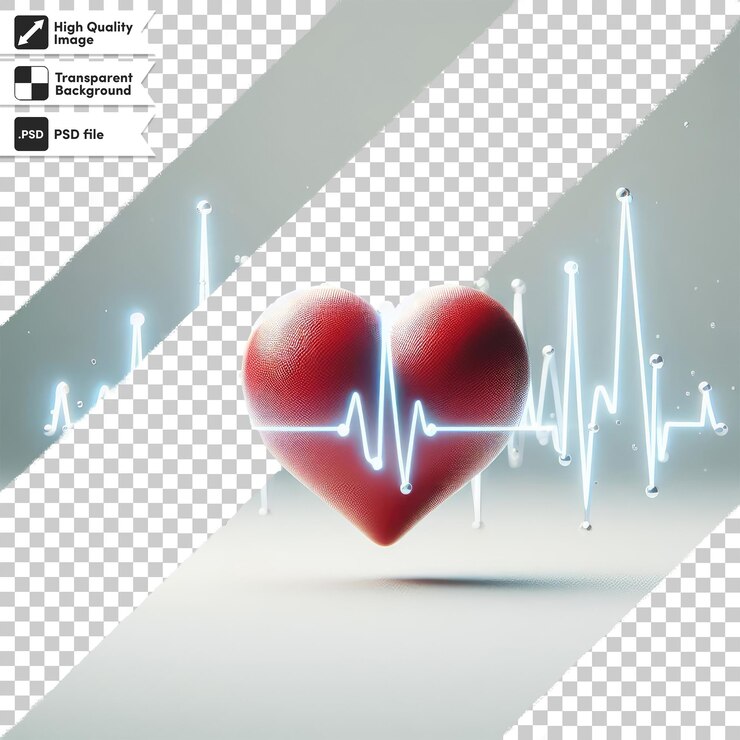 PSD símbolo del corazón psd y ritmo cardíaco en gráfico de ecg en fondo transparente con capa de máscara editable