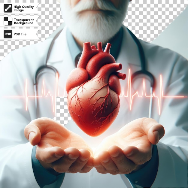 PSD símbolo del corazón psd y ritmo cardíaco en gráfico de ecg en fondo transparente con capa de máscara editable