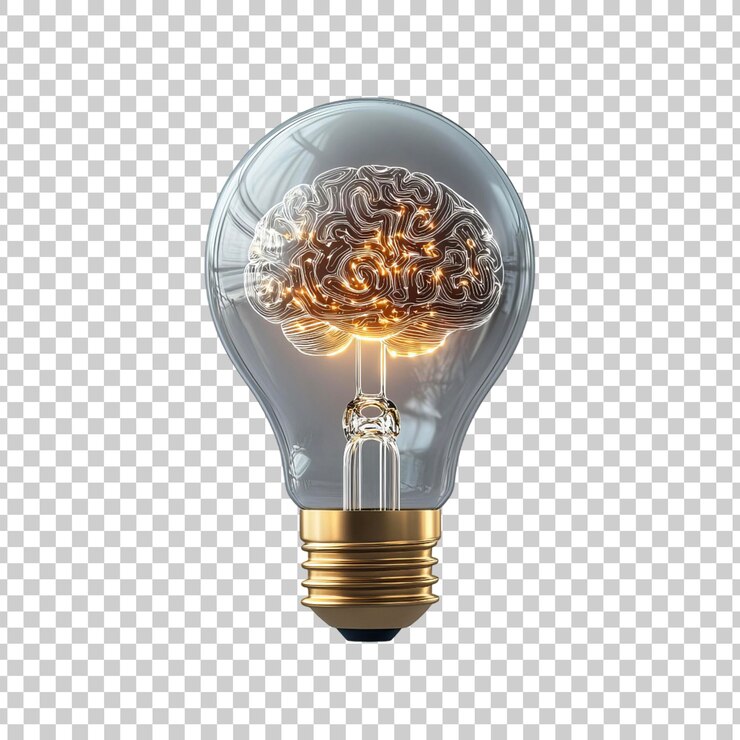 PSD símbolo de creatividad e intelecto con cerebro dentro de una bombilla sobre un fondo transparente