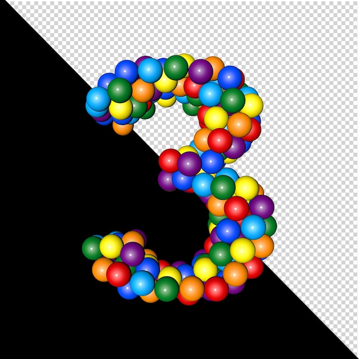PSD símbolo da coleção de letras feitas de bolas das cores do arco-íris em um fundo transparente. 3d número 3
