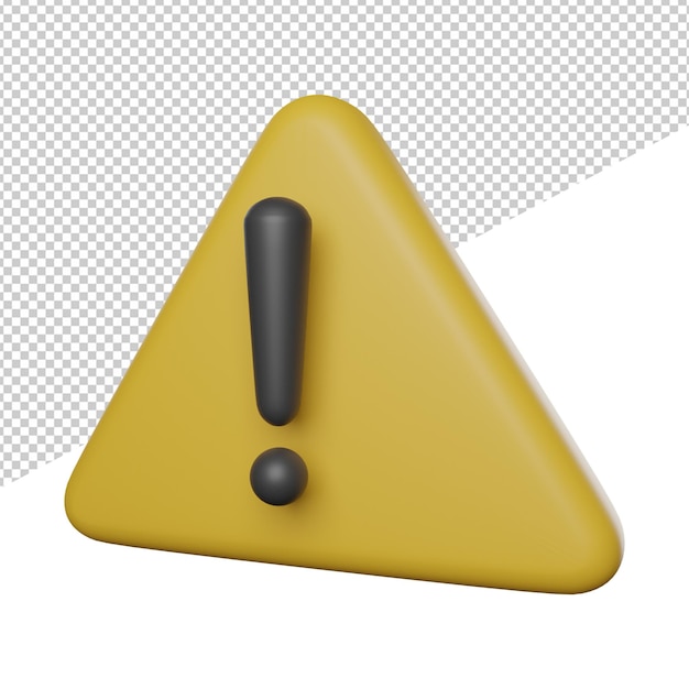 Símbolo de aviso amarelo vista lateral ilustração 3d ícone de renderização fundo transparente