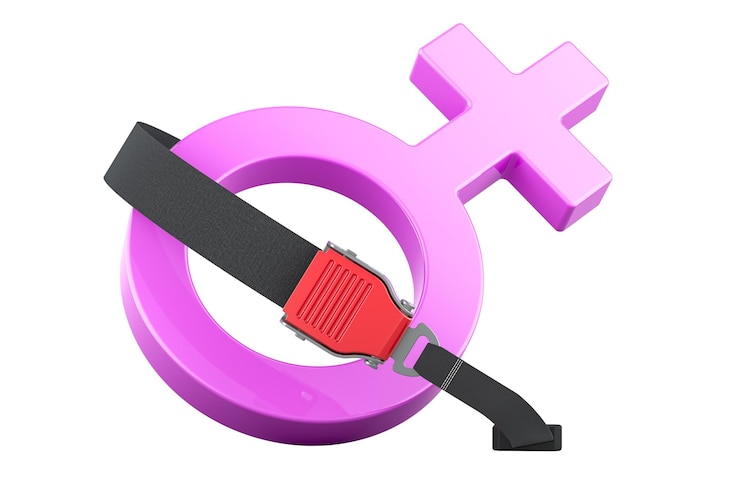 PSD símbolo de gênero feminino com cinto de segurança protege o conceito de mulheres renderização 3d isolada em fundo transparente